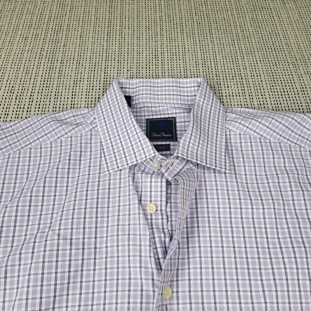 David Donahue Shirt Mens 17 34/35 Purple Check Slim Fit Cotton Dress Long Sleeve